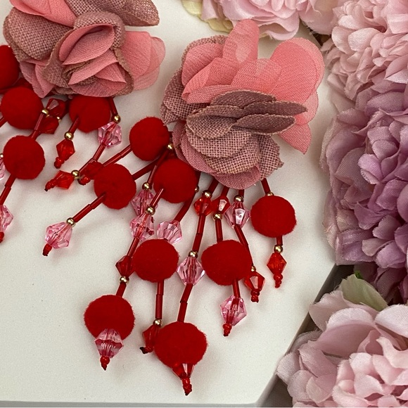 Boho Pink Rose Long Dangling Pom Pom Tassel Earrings - Picture 8 of 16